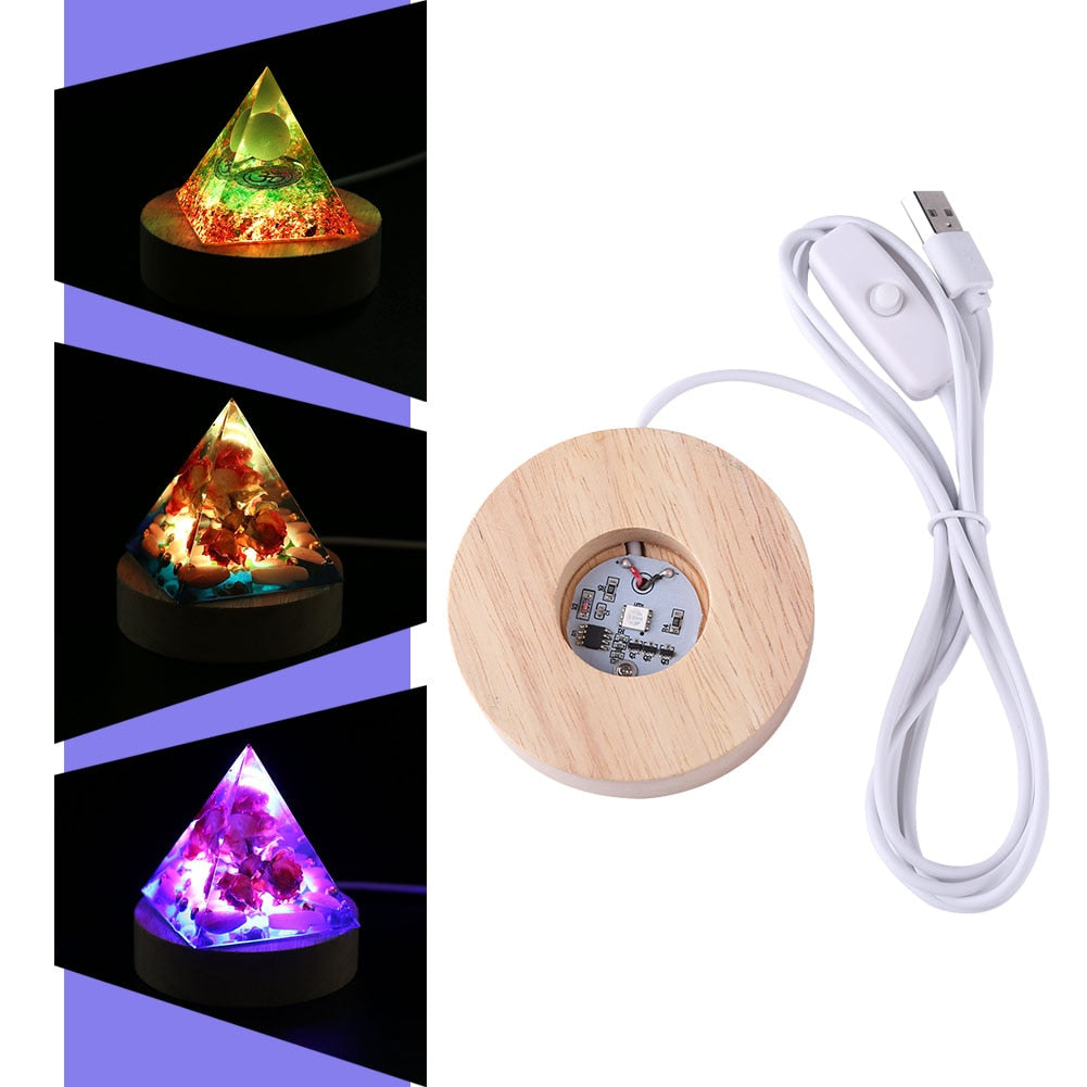 LED Light Base Round Wooden Holder For  Crystal Orgone