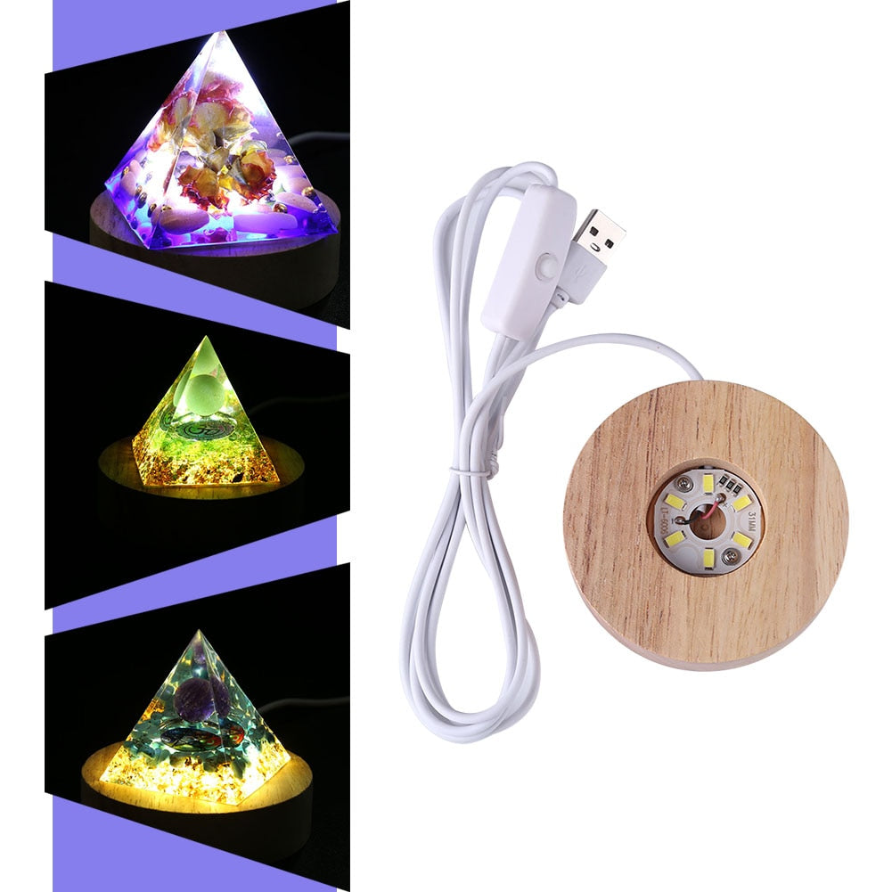 LED Light Base Round Wooden Holder For  Crystal Orgone