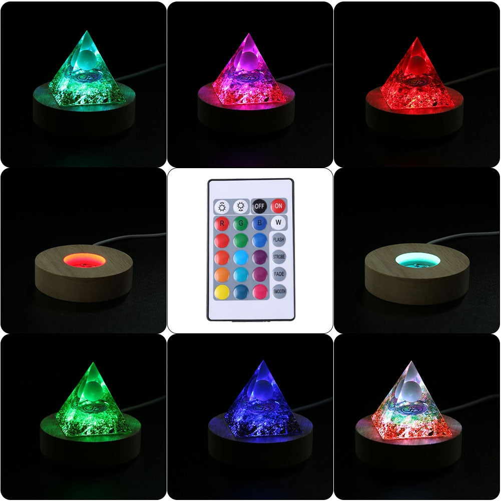 LED Light Base Round Wooden Holder For  Crystal Orgone