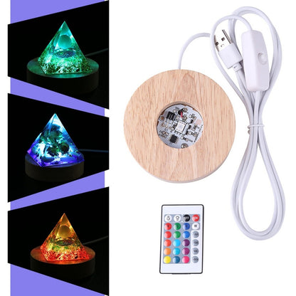 LED Light Base Round Wooden Holder For  Crystal Orgone