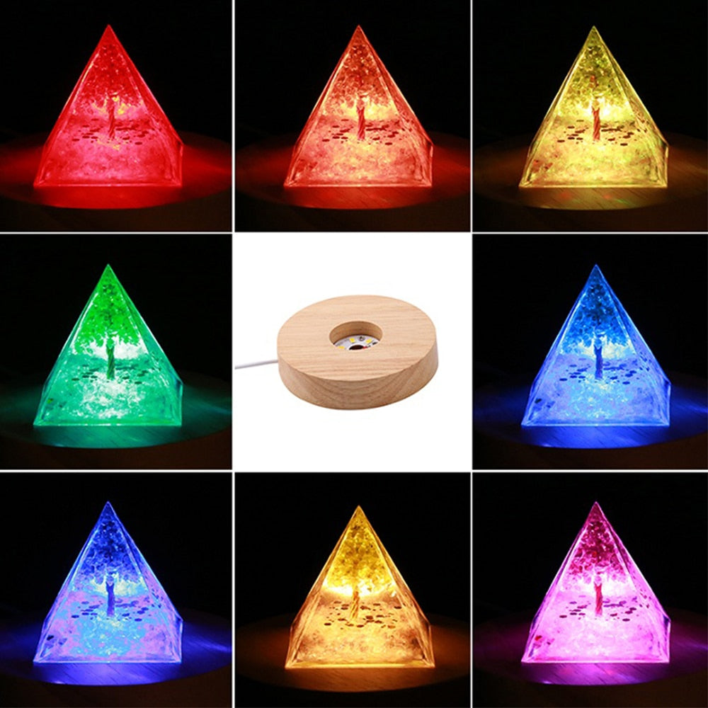 LED Light Base Round Wooden Holder For  Crystal Orgone