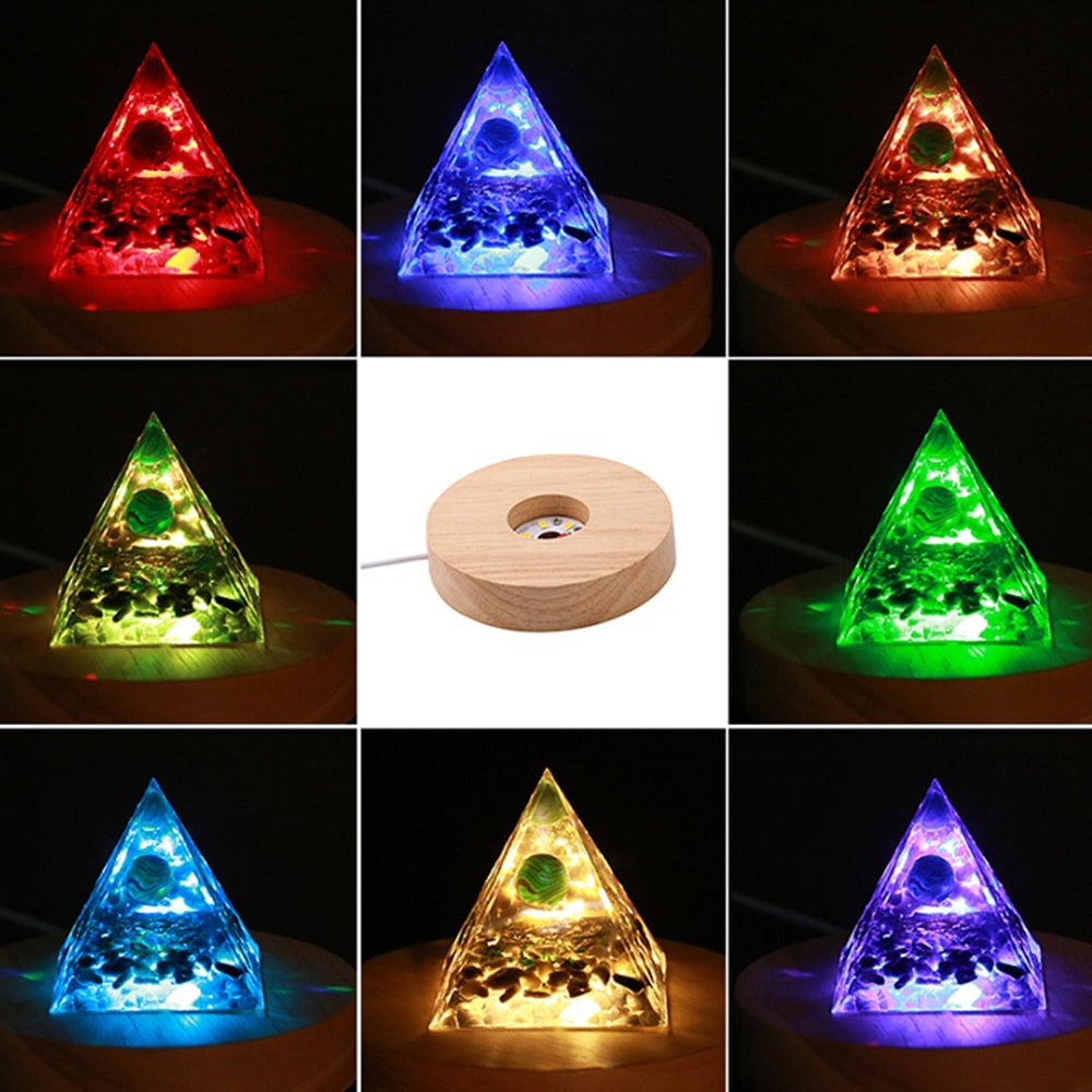 LED Light Base Round Wooden Holder For  Crystal Orgone